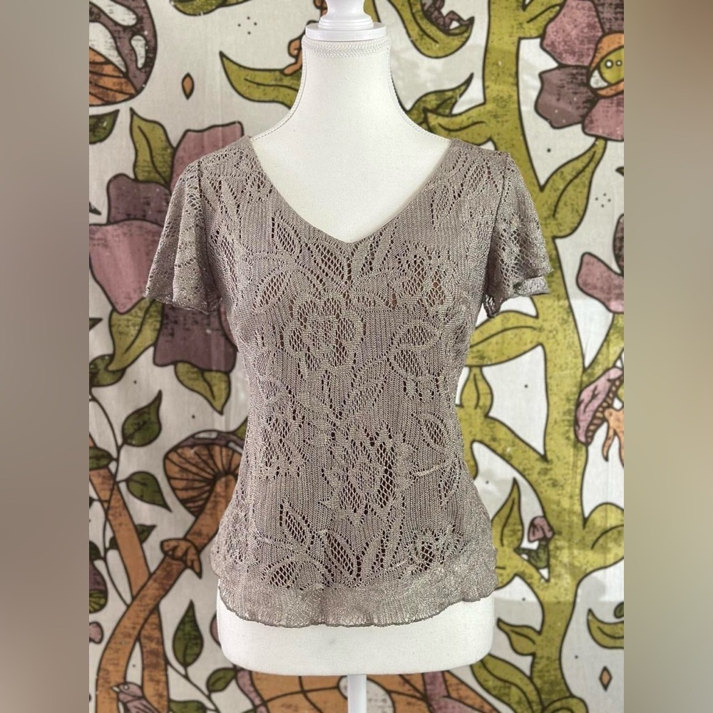 MSK Metallic Lace Knit Blouse Taupe Brown Size S Made USA